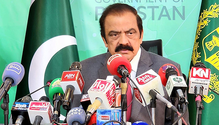 Federal Minister for Interior Rana Sanaullah Khan addressing a press conference in Islamabad on March 06, 2023. — PID