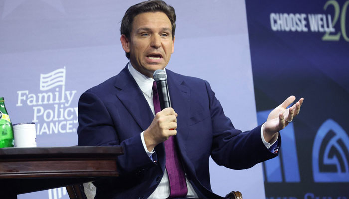 Florida Governor Ron DeSantis speaks to guests at the Family Leadership Summit on July 14, 2023, in Des Moines, Iowa. — AFP