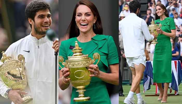 Kate Middleton turns heads as she hands Wimbledons champion Carlos Alcaraz trophy