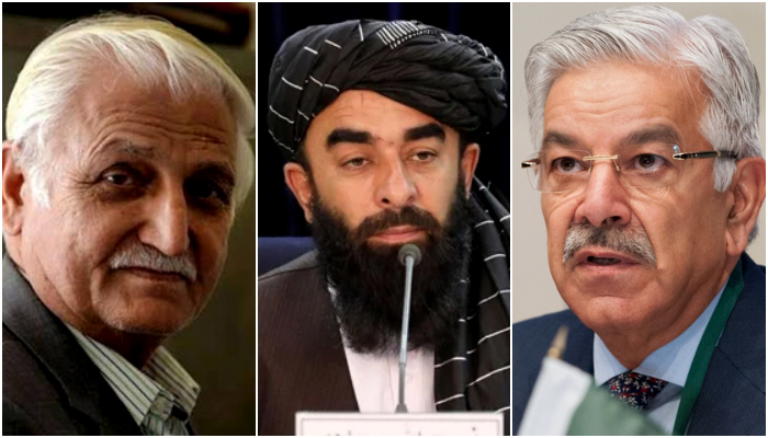 PPP leader Fathatullah Babar, Taliban spokesperson Zabihullah Mujahid and Pakistan Defence Miniser Khawaja Asif. —AFP/Twitter/File