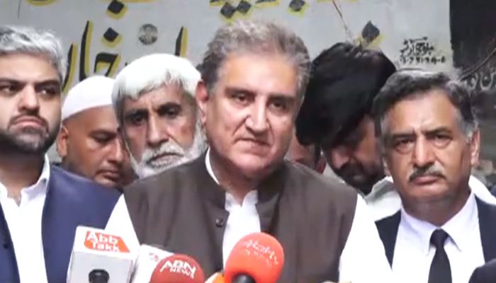 PTI Vice Chairman Shah Mahmood Qureshi addressing a press conference in Multan, on July 17, 2023, in this still taken from a video. — Screengrab