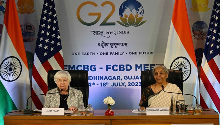 India’s Finance Minister Nirmala Sitharaman (right) speaks next to US Treasury Secretary Janet Yellen during a joint statement with US as part of the G20 Finance Ministers, Central Bank Governors (FMCBG) and Finance & Central Bank Deputies (FCBD) meetings, at the Mahatma Mandir in Gandhinagar on July 17, 2023. — AFP