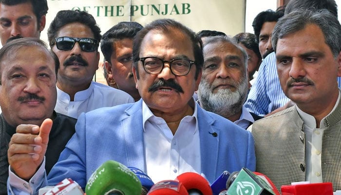 Interior Minister Rana Sanaullah addressing a press conference. — PPI/File