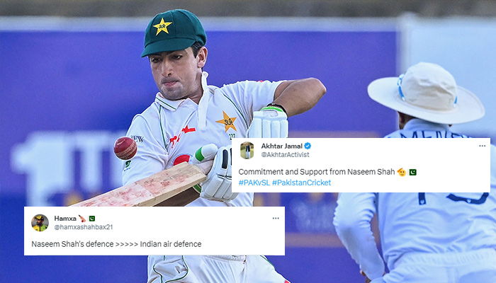 Pakistan´s Naseem Shah (L) plays a shot during the third day of the first cricket Test match between Sri Lanka and Pakistan at the Galle International Cricket Stadium in Galle on July 18, 2023.