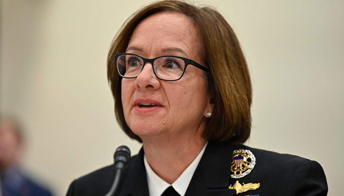In this handout obtained on July 21, 2023, Vice Chief of Naval Operations Admiral Lisa Franchetti testifies before the House Armed Services Committee on Readiness for the Navys fiscal year 2024 budget request in Washington, DC, on April 19, 2023. — AFP