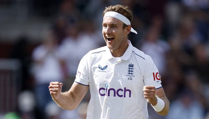 Englands Stuart Broad celebrates his 600th test wicket on the first day of the fourth Ashes cricket Test match between England and Australia at Old Trafford cricket ground in Manchester, north-west England on July 19, 2023. — Reuters