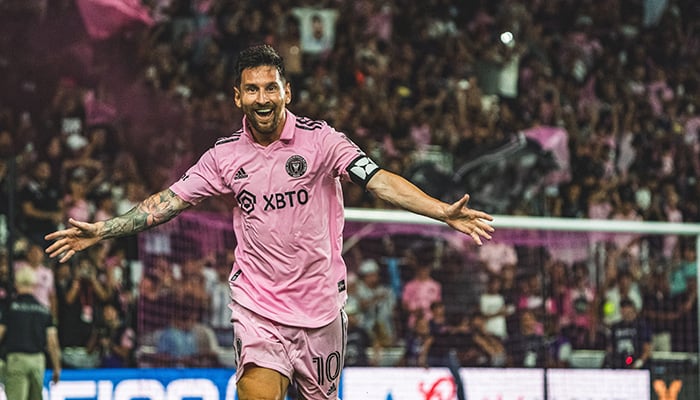 Inter Miami CF forward Lionel Messi (10) celebrates after scoring a goal against Cruz Azul during the second half at DRV PNK Stadium.