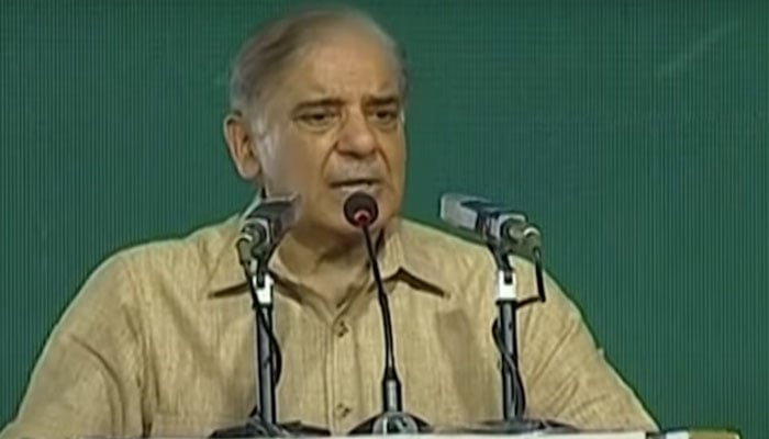 Prime Minister Shehbaz Sharif addressing a ceremony in Faisalabad on July 23, 2023. — YouTube/Geo News