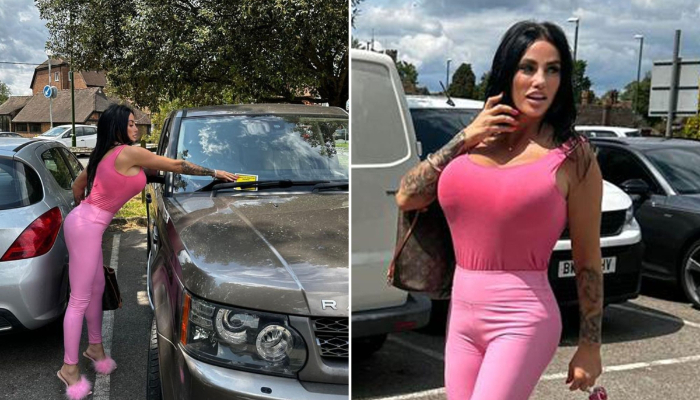 Katie Price confronted with a parking ticket in head-to-toe pink attire