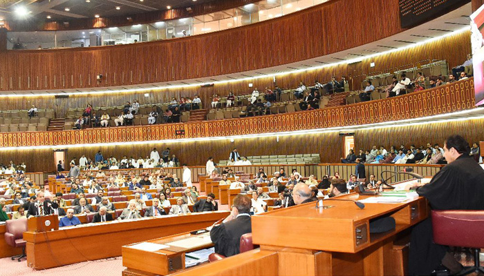 Speaker National Assembly Raja Pervaiz Ashraf presides the National Assembly session while Prime Minister Shehbaz Shraif addresses the session at the Parliament House in Islamabad on April 27, 2023. — Online