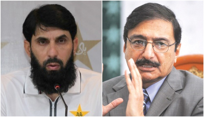 Chairman PCB Management Committee Zaka Ashraf (right) and former skipper Misbah Ul Haq. — PCB/AFP/File