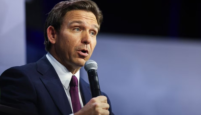 Florida Governor Ron Desantis speaks as he is interviewed by Former Fox News commentator Tucker Carlson (not pictured) during the Family Leadership Summit at the Iowa Events Center, in Des Moines, Iowa, U.S., July 14, 2023. Reuters