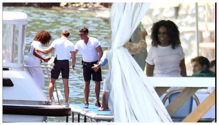 Oprah Winfrey arrives by boat at David Beckham and Jennifer Lopez favourite restaurant