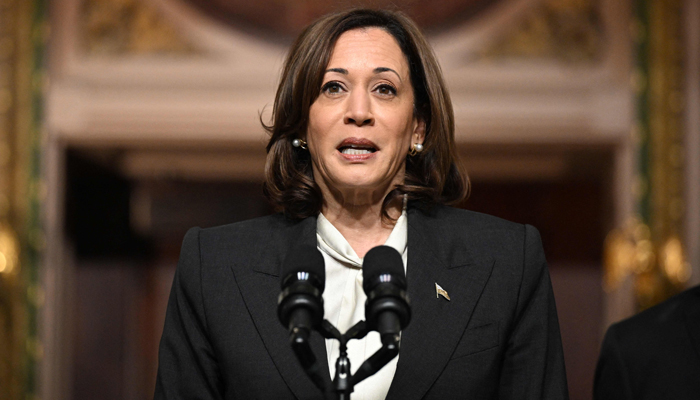 US Vice President Kamala Harris speaks at a signing ceremony in the Indian Treaty Room of the Eisenhower Executive Office Building, next to the White House in Washington, DC on July 25, 2023. — AFP