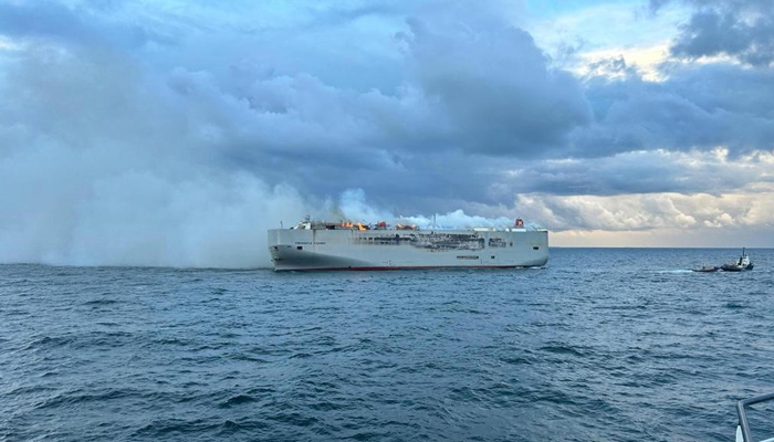 Panamanian-registered Fremantle Highway is an 18,500-tonne car carrier ship that can be seen on fire in this picture released by Netherlands Coast Guard on July 26, 2023. — Twitter/@Kustwacht_nl