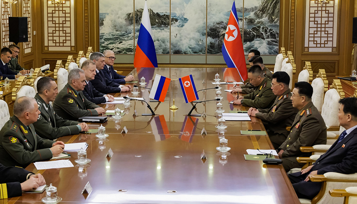 This picture taken on July 26, 2023, shows Russian Defence Minister Sergei (left) Shoigu meeting his North Korean counterpart Kang Sun Nam in Pyongyang. — AFP