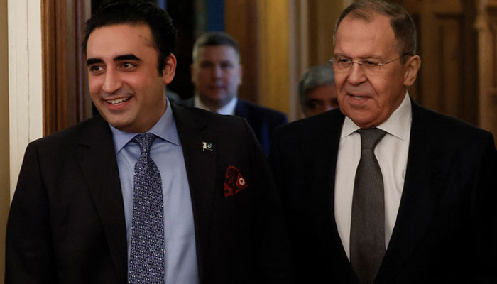 Foreign Minister Bilawal Bhutto Zardari (left) and his Russian counterpart Sergei Lavrov enter a hall during their meeting in Moscow, Russia, on January 30, 2023. — Reuters