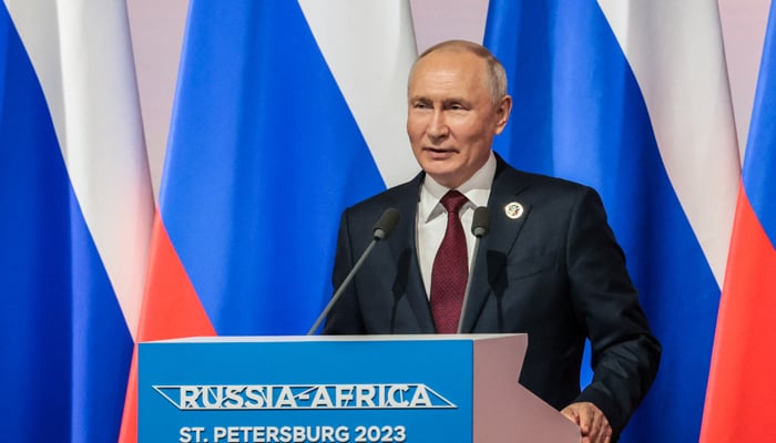 Russian President Vladimir Putin gives a speech at a reception in honour of African leaders during the second Russia-Africa summit in Saint Petersburg on July 27, 2023. — AFP