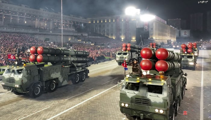 North Korean military parade held in Pyongyang featuring a nuclear-capable ballistic missiles, drones and ICBMs on July 28, 2023. — KCNA