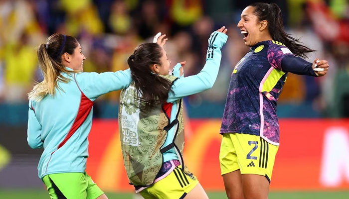 Germany v Colombia - Sydney Football Stadium, Sydney, Australia - July 30, 2023, Colombias Manuela Vanegas celebrates with teammates after the match.—Reuters