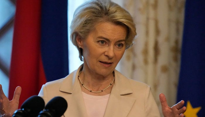 European Commission President Ursula von der Leyen gestures during a joint press statement with Philippine President Ferdinand Marcos Jr. (not pictured) at the Malacanang Presidential Palace in Manila on July 31, 2023. — AFP