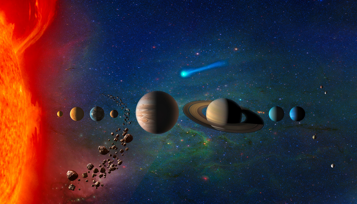 The solar system with the sun on the left can be seen in this artistic conception. — Nasa