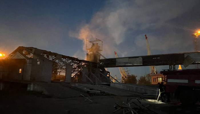 This photograph on August 2, 2023, shows a view of a damaged building at a Ukrainian port on the Danube after a night drone attack in the Odesa region. — AFP