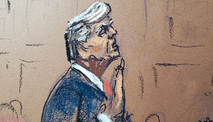 Former US President Donald Trump takes an oath before Magistrate Judge Moxila A. Upadhyaya during his plea hearing on charges that he orchestrated a plot to try to overturn his 2020 election loss, at federal court in Washington, US on August 3, 2023, in a courtroom sketch. — Reuters