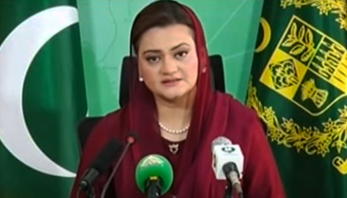 Minister for Information and Broadcasting Marriyum Aurangzeb speaking during a press conference on August 5, 2023. — YouTube screengrab/Geo News