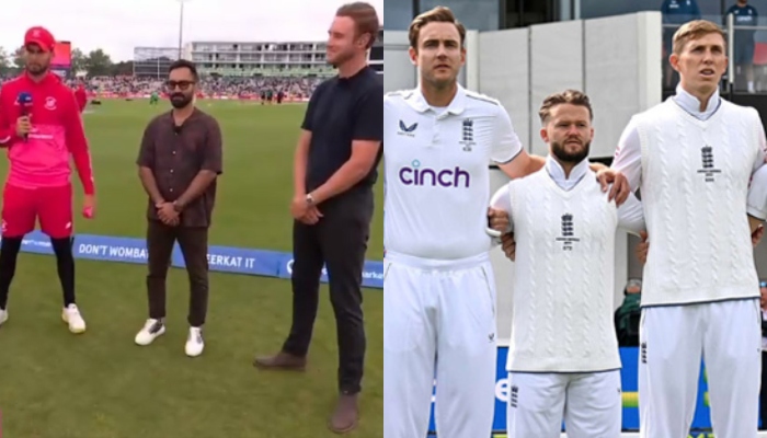 A collage of two stills taken from separate videos, showing Pakistan pacer Shaheen Shah Afridi, Indian wicketkeeper-batter Dinesh Karthik and England pacer Stuart Broad (left), and England star Ben Duckett standing between Broad and England batter Zak Crawley. — Twitter/@Kam007_tweet/ECB