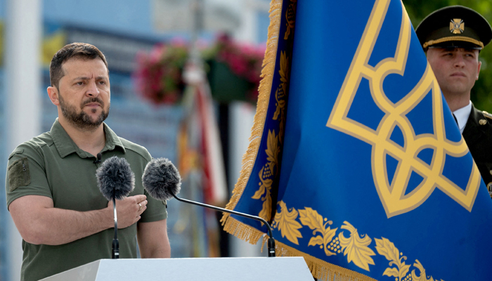 This picture taken on July 28, 2023, shows Ukrainian President Volodymyr Zelensky standing in attention as he takes part in the Day of Ukrainian Statehood ceremony marking the 30th anniversary of Ukrainian independence amid the Russia-Ukraine war. — AFP