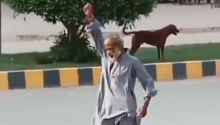 The old man raises his hand celebrating a shot, in this still taken from a video. — X/@theprayagtiwari