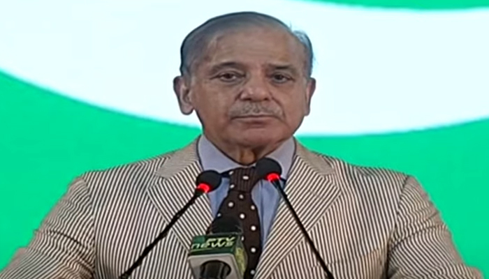 Prime Minister Shehbaz Sharif is addressing the ceremony in Islamabad in this still taken from a video on August 8, 2023. — YouTube/GeoNews