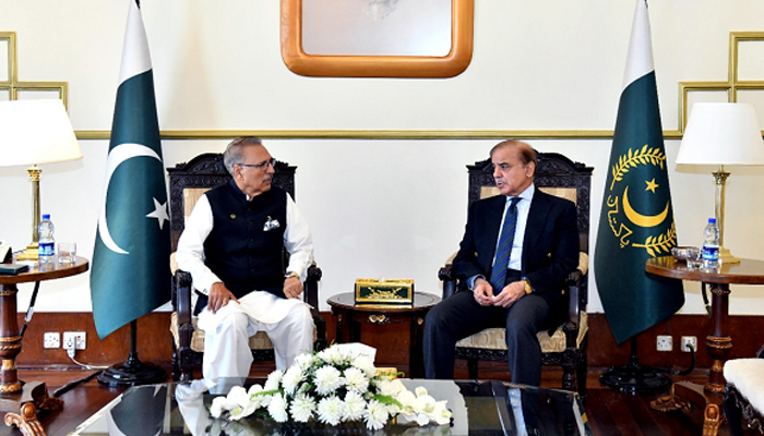 President Dr Arif Alvi with Prime Minister Shehbaz Sharif at the Aiwan-i-Sadr. — Presidents House