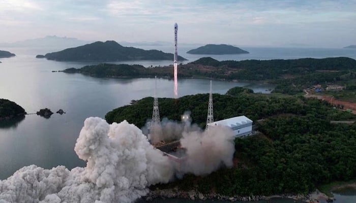 The photograph shows North Koreas new Chollima-1 rocket being launched in Cholsan County, North Korea, on May 31, 2023. — Reuters