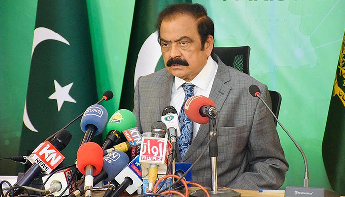 Federal Minister for Interior Rana Sanaullah Khan addressing a press conference, on March 1, 2023.— NNI
