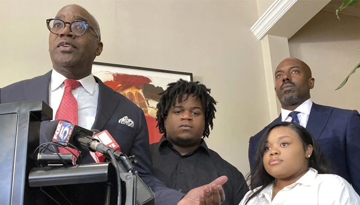 Attorney Roderick Edmond, from left, joined by Treveon Isaiah Taylor Sr.and Jessica Ross, and attorney Cory Lynch during the press conference — AP/File