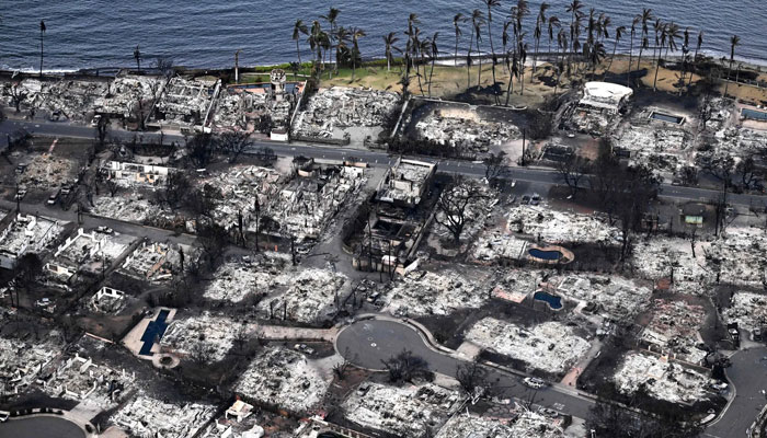 An aerial image taken on Thursday of destroyed buildings burned to the ground in Lahaina due to wildfires in western Maui, Hawaii. AFP