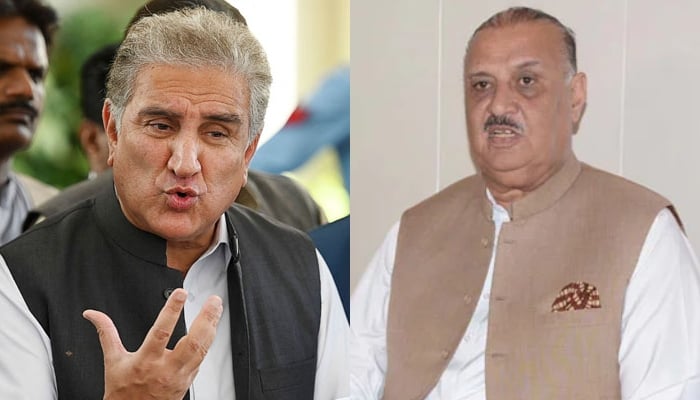 PTI Vice Chairman Shah Mahmood Qureshi (Lef) and PTI dissident Raja Riaz. — AFP/APP/File