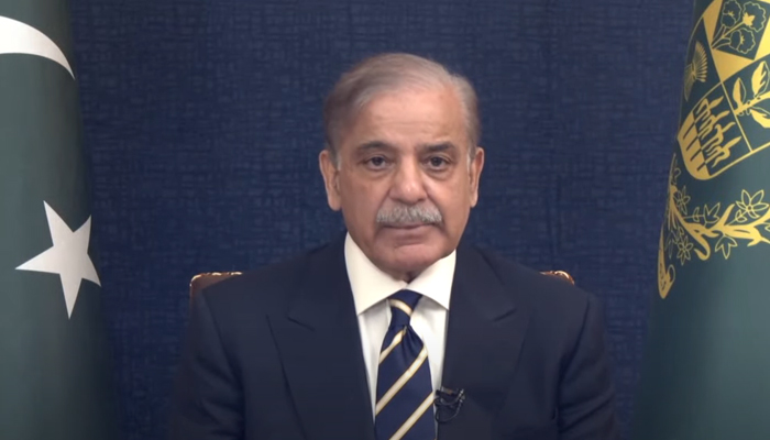 Prime Minister Shehbaz Sharif is addressing the nation in this still taken from a video on August 13, 2023. — YouTube/GeoNews