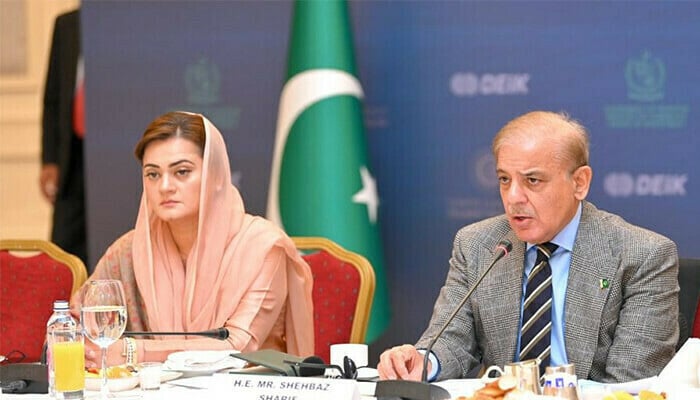 Former information minister Marriyum Aurangzeb and PM Shehbaz Sharif at an event in this undated image. — AFP/File