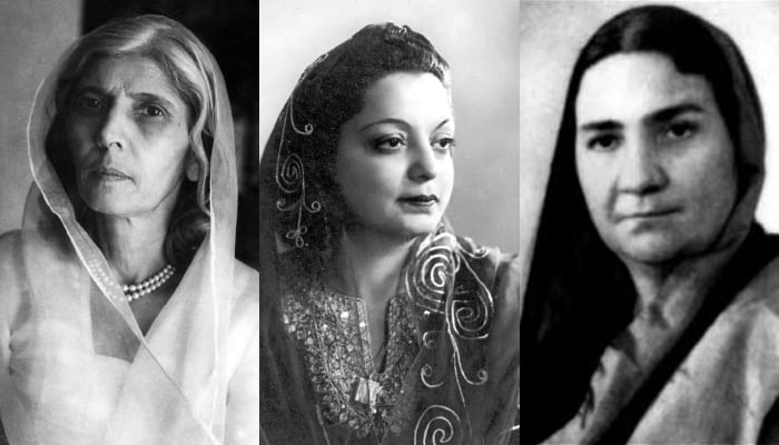 Mother of the Nation Fatima Jinnah (left), Begum Rana Liaquat Ali Khan (centre) and Begum Nusrat Haroon. — Twitter
