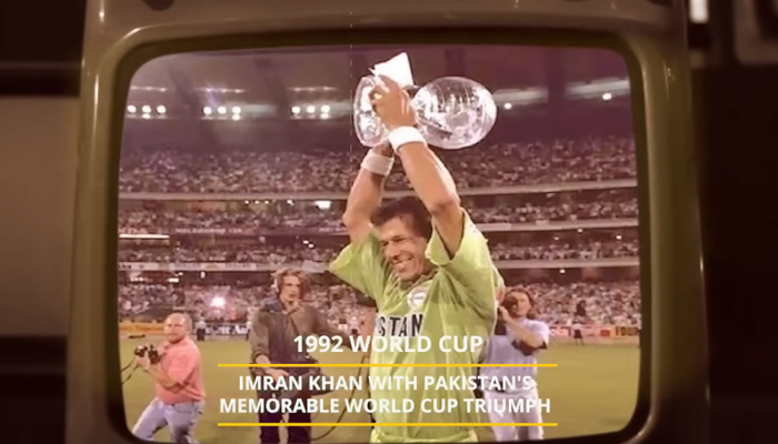 A screengrab taken from the Pakistan Cricket Boards new video in which Imran Khans celebration after the 1992 World Cup can be seen. — YouTube/@pakistancricketofficial