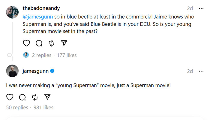 Gunn responding a fan query on Threads about Superman: Legacy