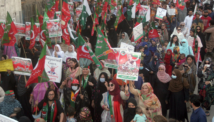 Activists of Pakistan Tehreek-e-Insaf (PTI) hold a protest rally in Karachi on February 26, 2023. — Online