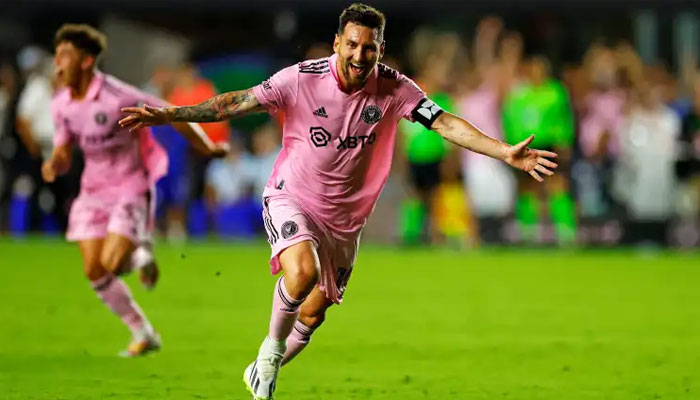 Lionel Messi celebrates on the field as he scores his first goal with Inter Miami during the Leagues Cup final on August 19, 2023, in Geodis Park, Nashville, Tennessee, US. — AFP