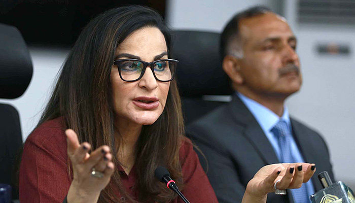 Former federal minister for Climate Change Sherry Rehman briefs media persons about Cyclone Biparjoy during a press conference at NDMA on June 14, 2023. — APP