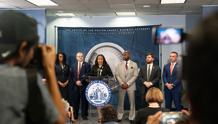 Fulton County District Attorney Fani Willis arrives to speak at a news conference at the Fulton County Government building on August 14, 2023, in Atlanta, Georgia. — AFP