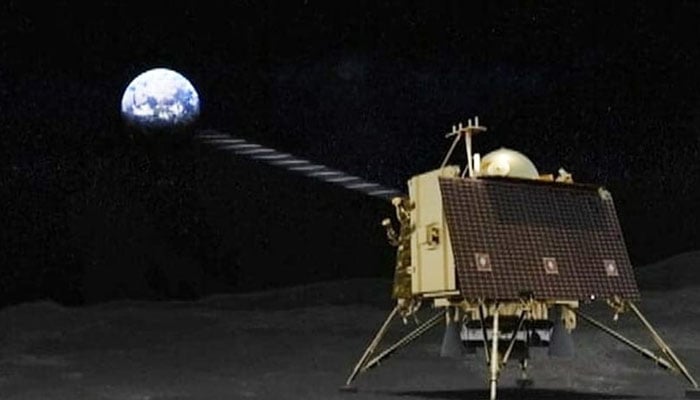 The image shows Vikram lander of Chandrayaan-3 spacecraft on the moons surface. — ISRO
