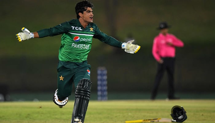 Naseem Shah celebrates after Pakistan won by 1 wicket during the second one-day international (ODI) cricket match between Pakistan and Afghanistan at the Mahinda Rajapaksa International Cricket Stadium in Hambantota on August 24, 2023. —AFP